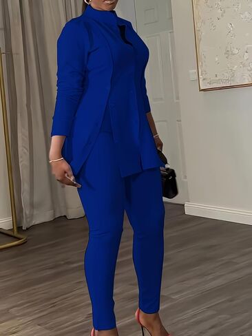 Plus Size Women's Button-Front Blazer and Pants Set, Curvy Long Sleeve Professional Two-Piece Suit in Saudi Arabia