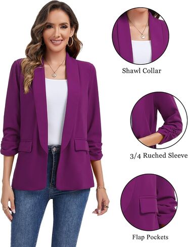 نساء Ruched 3/4 Sleeve Blazers عارضة شال من طية صاخبة مبطئة الكتف مفتوحة السترات السترة الأمامية الجيب in Saudi Arabia