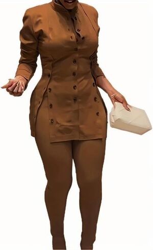 Plus Size Women's Button-Front Blazer and Pants Set, Curvy Long Sleeve Professional Two-Piece Suit in Saudi Arabia