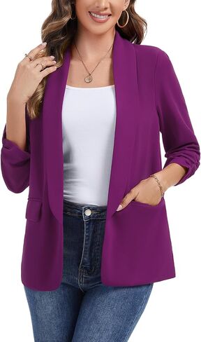 نساء Ruched 3/4 Sleeve Blazers عارضة شال من طية صاخبة مبطئة الكتف مفتوحة السترات السترة الأمامية الجيب in Saudi Arabia
