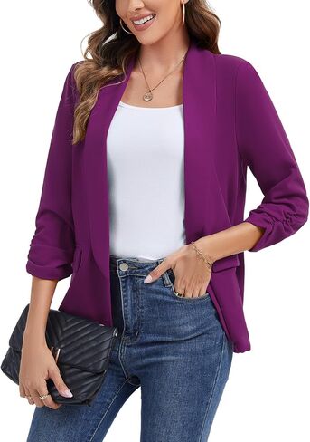 نساء Ruched 3/4 Sleeve Blazers عارضة شال من طية صاخبة مبطئة الكتف مفتوحة السترات السترة الأمامية الجيب in Saudi Arabia