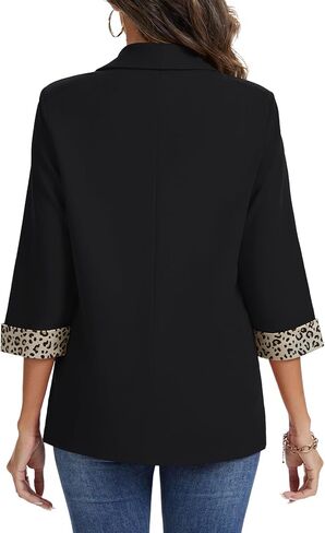 MINTLIMIT Women Casual 3/4 Sleeve Leopard Cuff Blazers Open Front Shoulder Pad Blazer Shawl Collar Office Jacket Pockets in Saudi Arabia