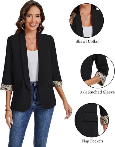 MINTLIMIT Women Casual 3/4 Sleeve Leopard Cuff Blazers Open Front Shoulder Pad Blazer Shawl Collar Office Jacket Pockets in Saudi Arabia