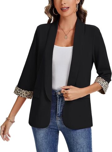 MINTLIMIT Women Casual 3/4 Sleeve Leopard Cuff Blazers Open Front Shoulder Pad Blazer Shawl Collar Office Jacket Pockets in Saudi Arabia