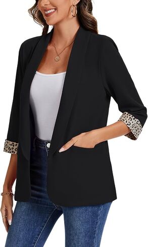 MINTLIMIT Women Casual 3/4 Sleeve Leopard Cuff Blazers Open Front Shoulder Pad Blazer Shawl Collar Office Jacket Pockets in Saudi Arabia