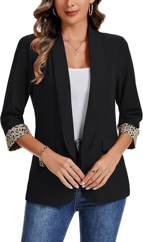 MINTLIMIT Women Casual 3/4 Sleeve Leopard Cuff Blazers Open Front Shoulder Pad Blazer Shawl Collar Office Jacket Pockets in Saudi Arabia
