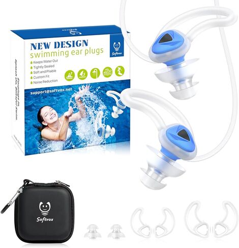 Swimming Ear Plugs with Lanyard, Custom-fit, Blocks Out Water Lets Sound in, Swimmer Earplugs for Swimming, Surfing, Diving and Other Water Activities, Black in Kuwait