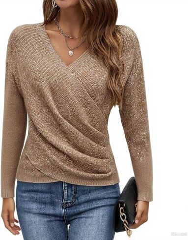 سترة HVT Womens 2025 Criss Cross Pullover v Neck Long Sleeve Teps Nature Dips in Kuwait