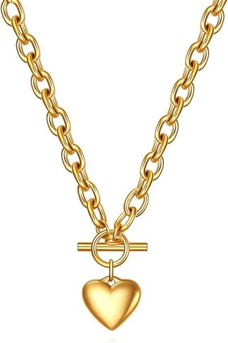 "18K Gold Heart Pendant Toggle Necklace for Women – Chunky Chain Choker, Waterproof, Tarnish Resistant, Dainty Statement Jewelry, Gift for Her" in Saudi Arabia