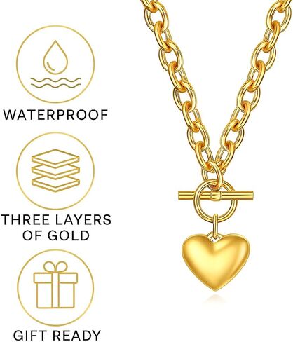 "18K Gold Heart Pendant Toggle Necklace for Women – Chunky Chain Choker, Waterproof, Tarnish Resistant, Dainty Statement Jewelry, Gift for Her" in Saudi Arabia