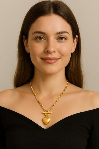 "18K Gold Heart Pendant Toggle Necklace for Women – Chunky Chain Choker, Waterproof, Tarnish Resistant, Dainty Statement Jewelry, Gift for Her" in Saudi Arabia