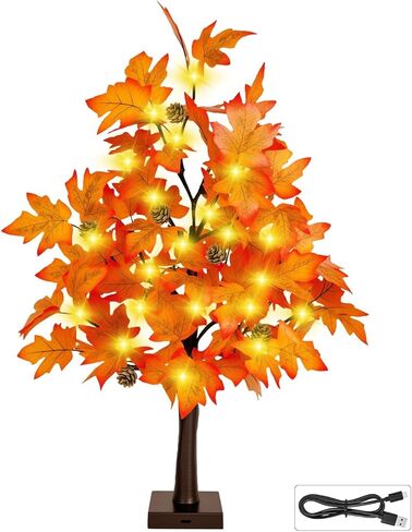 ديكور السقوط 2 قدم المضاءة شجرة القيقب - 24 بوصة شجرة السقوط مع 36 مصابيح LED ، 72 أوراق القيقب ، 6 أشجار الصنوبر ، مؤقت ، بطارية أو USB زخارف سقوط الأشجار الاصطناعية للمنزل in Kuwait