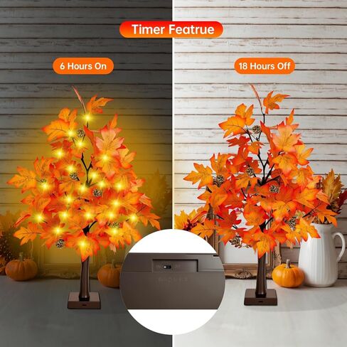 ديكور السقوط 2 قدم المضاءة شجرة القيقب - 24 بوصة شجرة السقوط مع 36 مصابيح LED ، 72 أوراق القيقب ، 6 أشجار الصنوبر ، مؤقت ، بطارية أو USB زخارف سقوط الأشجار الاصطناعية للمنزل in Kuwait