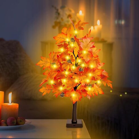 ديكور السقوط 2 قدم المضاءة شجرة القيقب - 24 بوصة شجرة السقوط مع 36 مصابيح LED ، 72 أوراق القيقب ، 6 أشجار الصنوبر ، مؤقت ، بطارية أو USB زخارف سقوط الأشجار الاصطناعية للمنزل in Kuwait