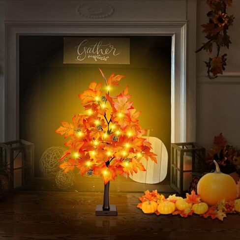 ديكور السقوط 2 قدم المضاءة شجرة القيقب - 24 بوصة شجرة السقوط مع 36 مصابيح LED ، 72 أوراق القيقب ، 6 أشجار الصنوبر ، مؤقت ، بطارية أو USB زخارف سقوط الأشجار الاصطناعية للمنزل in Kuwait