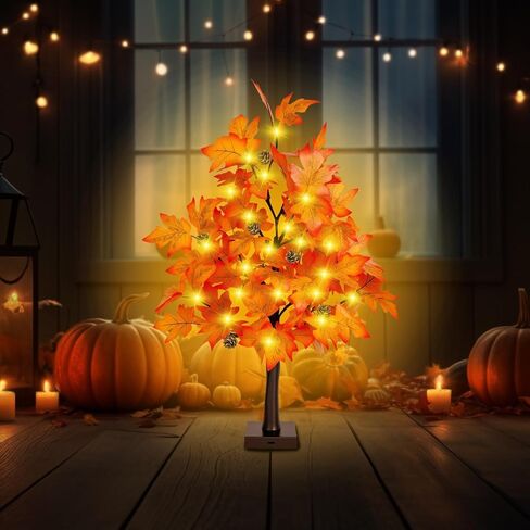 ديكور السقوط 2 قدم المضاءة شجرة القيقب - 24 بوصة شجرة السقوط مع 36 مصابيح LED ، 72 أوراق القيقب ، 6 أشجار الصنوبر ، مؤقت ، بطارية أو USB زخارف سقوط الأشجار الاصطناعية للمنزل in Kuwait