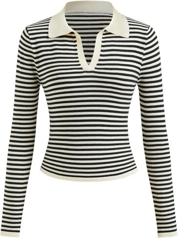 CIDER Striped Sweater for Women V Neck Long Sleeve Slim Fitted Ribbed Knit Casual Pullover Polo 2025 Fall Sweater in Saudi Arabia