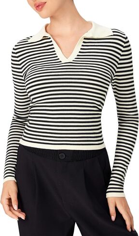 CIDER Striped Sweater for Women V Neck Long Sleeve Slim Fitted Ribbed Knit Casual Pullover Polo 2025 Fall Sweater in Saudi Arabia