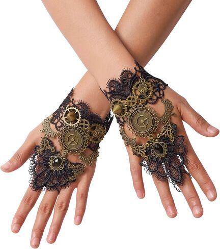 Sacina Black Floral Fingerless Gloves, Victorian Steampunk Wristband, Gothic Vintage Accessories for Women in Saudi Arabia