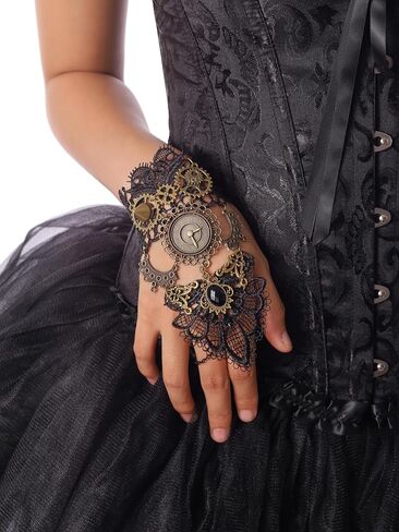 Sacina Black Floral Fingerless Gloves, Victorian Steampunk Wristband, Gothic Vintage Accessories for Women in Saudi Arabia