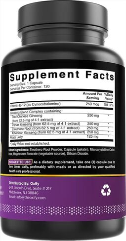 مجمع Ginseng Oxify 1000 ملغ مع B12 و Royal Jelly | 120 كبسولات | خالية من الغلوتين ، غير المعدلة وراثيا | ملحق مصنوع في الولايات المتحدة in Kuwait