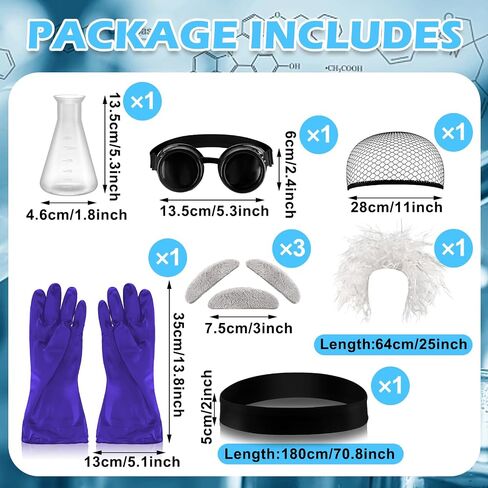 Jiuguva 9 Pcs Halloween Mad Scientist Costume for Adult Men Including Coat Belt Cup Gloves Goggles Wig Mustache Eyebrows in Kuwait