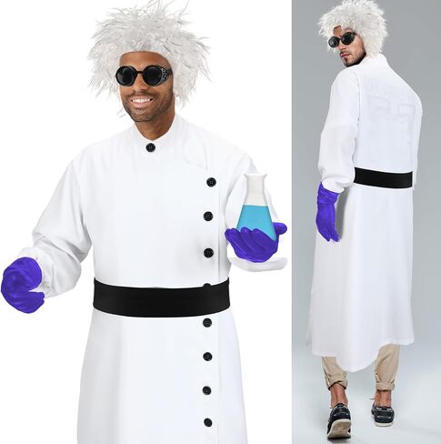 Jiuguva 9 Pcs Halloween Mad Scientist Costume for Adult Men Including Coat Belt Cup Gloves Goggles Wig Mustache Eyebrows in Kuwait