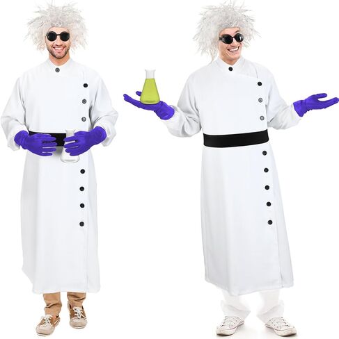 Jiuguva 9 Pcs Halloween Mad Scientist Costume for Adult Men Including Coat Belt Cup Gloves Goggles Wig Mustache Eyebrows in Kuwait