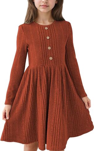 GORLYA Girls Long Sleeve Casual A-line Sweater Rib Knit Button Party Dress with Pockets 6-16Y in Saudi Arabia