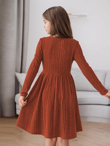 GORLYA Girls Long Sleeve Casual A-line Sweater Rib Knit Button Party Dress with Pockets 6-16Y in Saudi Arabia
