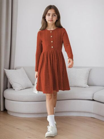 GORLYA Girls Long Sleeve Casual A-line Sweater Rib Knit Button Party Dress with Pockets 6-16Y in Saudi Arabia