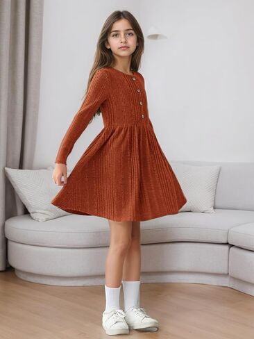 GORLYA Girls Long Sleeve Casual A-line Sweater Rib Knit Button Party Dress with Pockets 6-16Y in Saudi Arabia