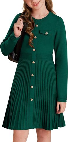 GRACE KARIN Girls Sweater Fall Dress Long Sleeve Knit Button Front Pleated A-Line Casual Winter Midi Dresses 5-14Y in Saudi Arabia