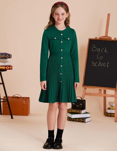 GRACE KARIN Girls Sweater Fall Dress Long Sleeve Knit Button Front Pleated A-Line Casual Winter Midi Dresses 5-14Y in Saudi Arabia