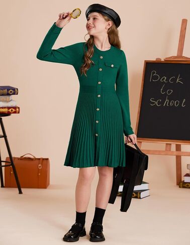 GRACE KARIN Girls Sweater Fall Dress Long Sleeve Knit Button Front Pleated A-Line Casual Winter Midi Dresses 5-14Y in Saudi Arabia