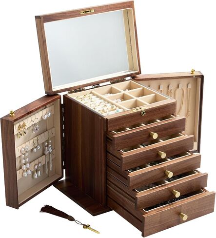 Black Walnut Wooden Jewelry Box, 6-Layer Lockable Jewelry Organizer Box for Women, Earring & Necklace Storage, Ring Trays, Gift for Wife, Mom or Her in Saudi Arabia