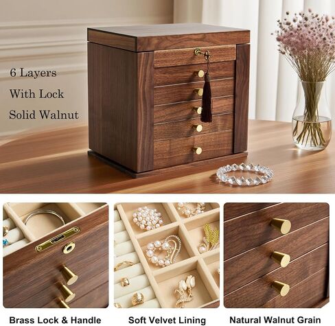 Black Walnut Wooden Jewelry Box, 6-Layer Lockable Jewelry Organizer Box for Women, Earring & Necklace Storage, Ring Trays, Gift for Wife, Mom or Her in Saudi Arabia