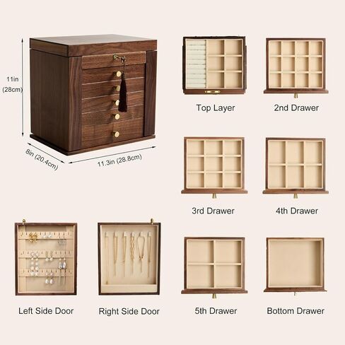 Black Walnut Wooden Jewelry Box, 6-Layer Lockable Jewelry Organizer Box for Women, Earring & Necklace Storage, Ring Trays, Gift for Wife, Mom or Her in Saudi Arabia