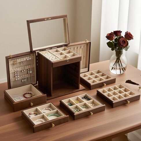 Black Walnut Wooden Jewelry Box, 6-Layer Lockable Jewelry Organizer Box for Women, Earring & Necklace Storage, Ring Trays, Gift for Wife, Mom or Her in Saudi Arabia