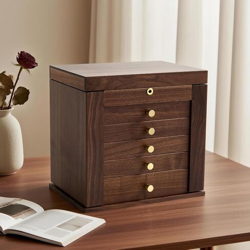 Black Walnut Wooden Jewelry Box, 6-Layer Lockable Jewelry Organizer Box for Women, Earring & Necklace Storage, Ring Trays, Gift for Wife, Mom or Her in Saudi Arabia