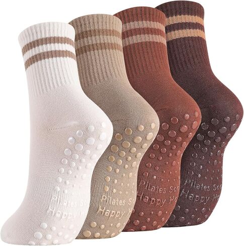 Jspupifip 4 Pairs Striped Pilates Socks with Grips for Women, Non-Slip Yoga Athletic Socks Cotton Crew Sock for Barre Barefoot Workout Hospital in Saudi Arabia