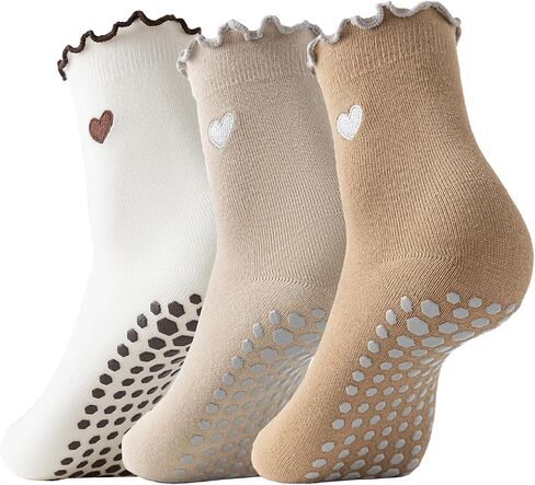 3 Pairs Pilates Socks with Grips Non-slip Ruffle Cute Heart Yoga Grip Sock for Women in Kuwait