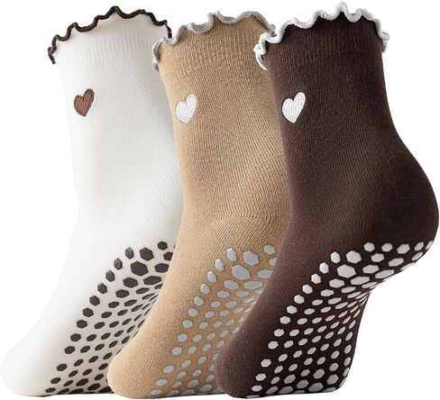 3 Pairs Pilates Socks with Grips Non-slip Ruffle Cute Heart Yoga Grip Sock for Women in Kuwait