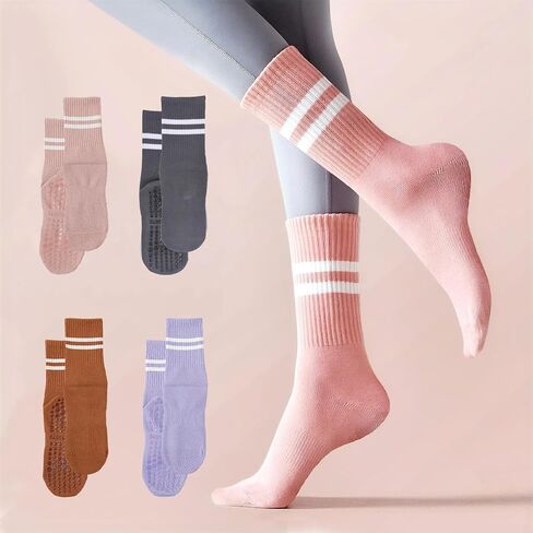 4 Pairs of Mixed-color Pure Cotton Yoga Socks for Women - Mid-calf Length, Anti-slip with Silicone, Ideal for Indoor Fitness, Pilates and Other Sports in Saudi Arabia