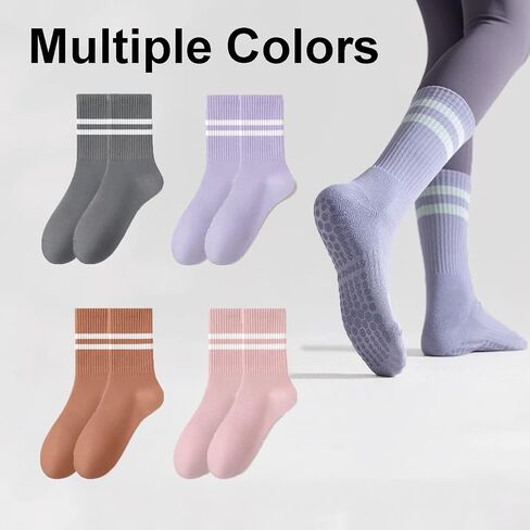 4 Pairs of Mixed-color Pure Cotton Yoga Socks for Women - Mid-calf Length, Anti-slip with Silicone, Ideal for Indoor Fitness, Pilates and Other Sports in Saudi Arabia