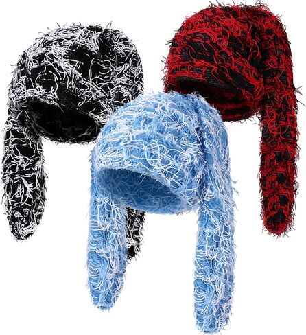 3 Pcs Fuzzy Beanie Bunny Ears Hat Faux Fur Y2k Furry Fluffy Warm Hat Long Rabbit Ears Plush Slouchy Cap for Winter in Saudi Arabia