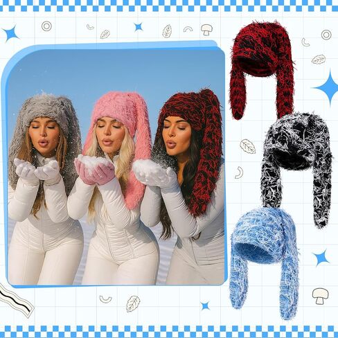 3 Pcs Fuzzy Beanie Bunny Ears Hat Faux Fur Y2k Furry Fluffy Warm Hat Long Rabbit Ears Plush Slouchy Cap for Winter in Saudi Arabia