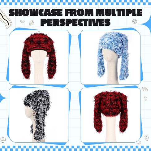 3 Pcs Fuzzy Beanie Bunny Ears Hat Faux Fur Y2k Furry Fluffy Warm Hat Long Rabbit Ears Plush Slouchy Cap for Winter in Saudi Arabia