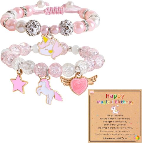 Kawaii Unicorn Bracelet Birthday Gifts for Gir Adjustable Pink Pearl and Crystal Beads Unicorn Decorations Jewelry for 4 5 6 7 8 9 10 11 12 Gir Daughter Granddaughter Niece in Saudi Arabia