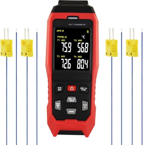 Digital Dual-Channel K/J Type Thermocouple Thermometer with 4 K-Type Probes, Accurate Temperature Range from -328 to 2501°F, HVAC Temperature Meter with Alarm and Adjustable Compensation in Saudi Arabia